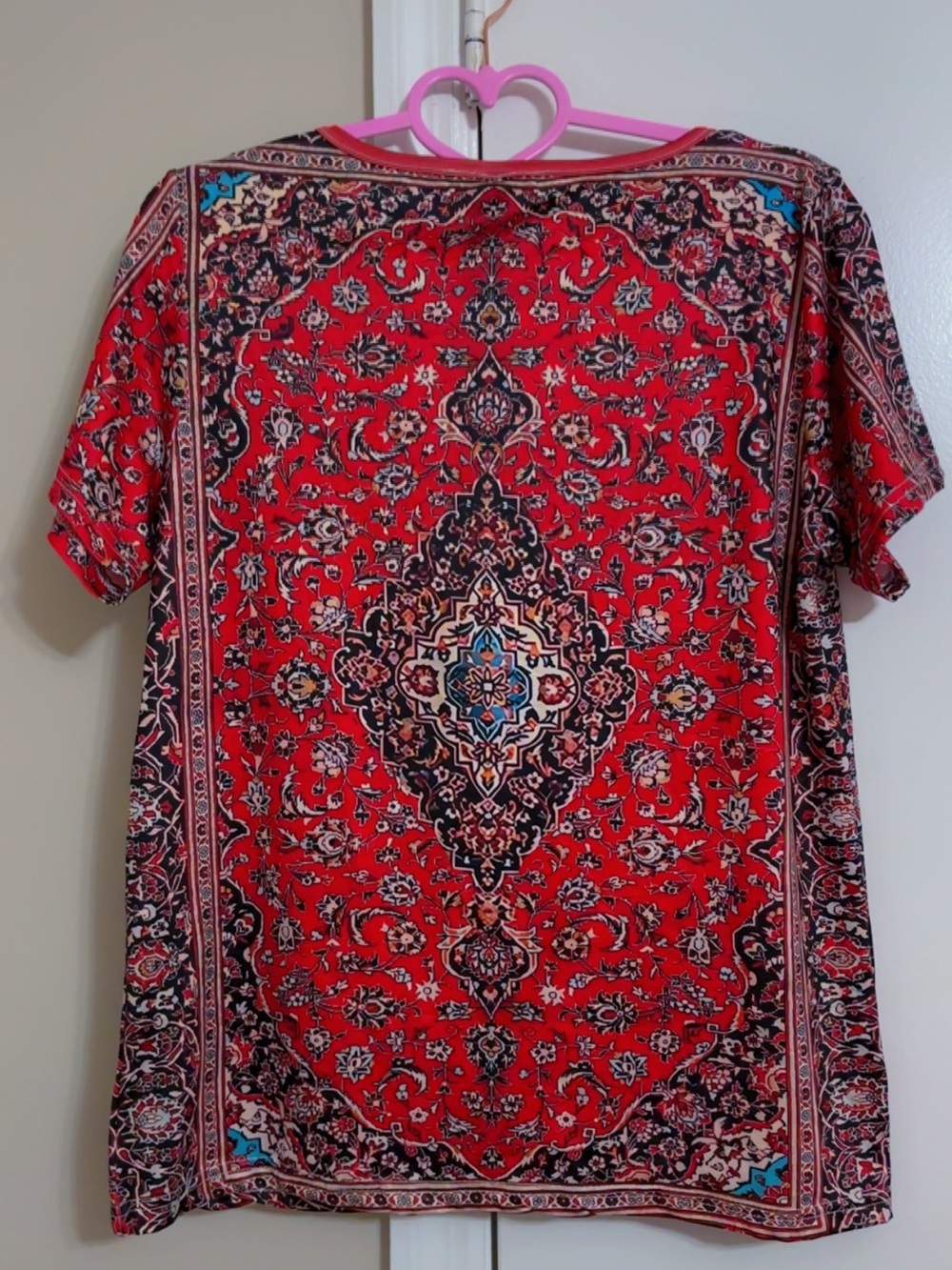 Women's Red Paisley Print Short Sleeve Top - Picture 3 of 3